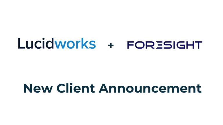 Lucidworks and Foresight New Client Announcement. The image features the logos of Lucidworks and Foresight with a '+' symbol between them, followed by the text 'New Client Announcement' below.